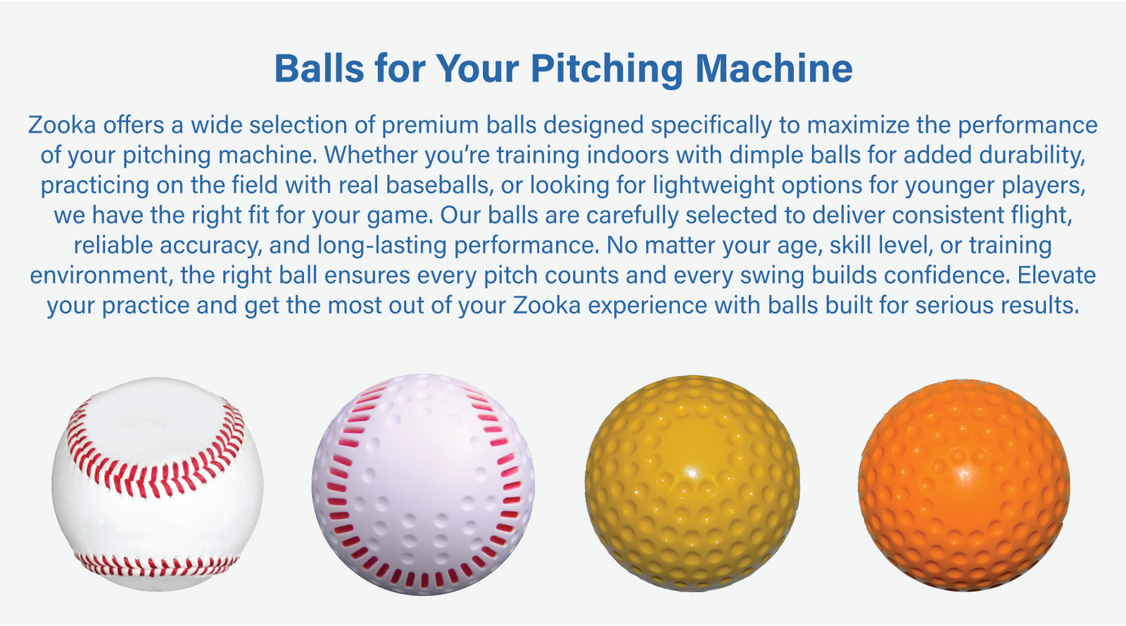 Advertisement for Zooka pitching machine balls with four different ball types displayed.