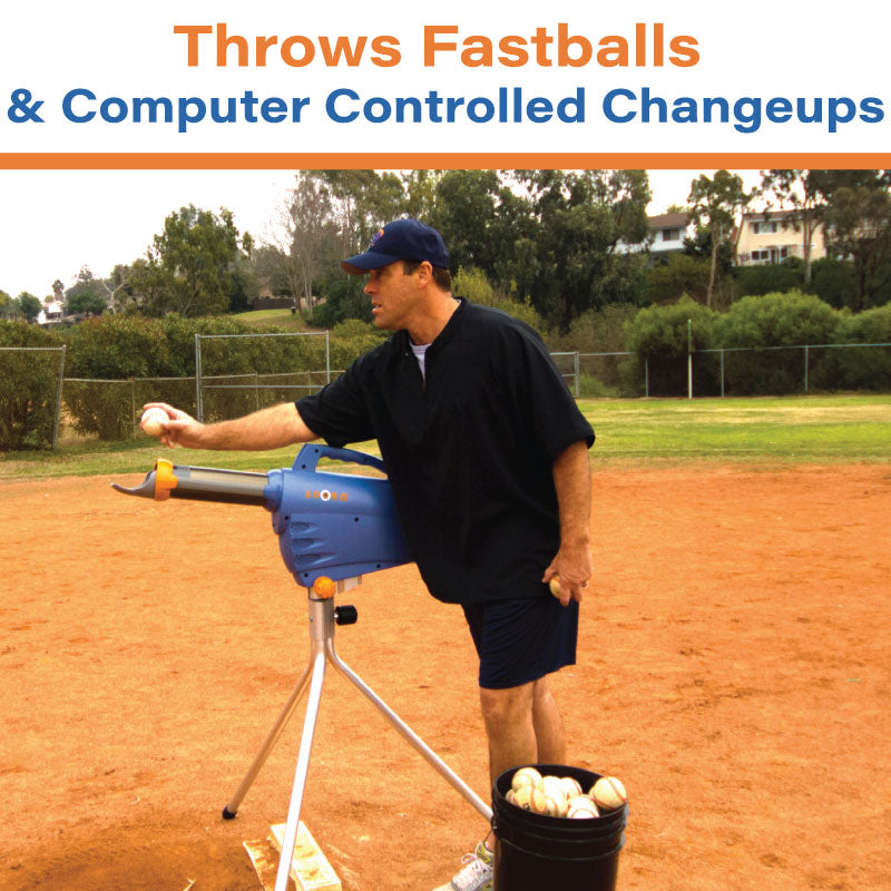 Baseball Coach using a Zooka pitching machine on a baseball field with text about pitch types.